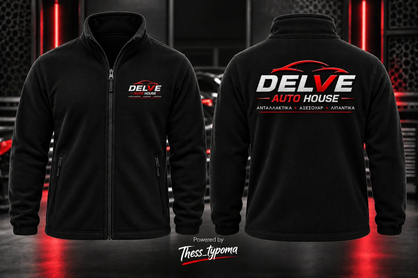 Μαύρα επαγγελματικά jackets DELVE Auto House με κόκκινο και λευκό λογότυπο, μπροστά και πίσω